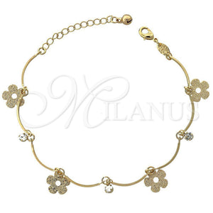 Pulsera de Dije 5.016.005.07 Oro Laminado, Diseño de Flor y Bola, con Blanca Zirconia Cubica, Pulido, Tono Dorado (03 MM Thickness, 10 Inches Length)