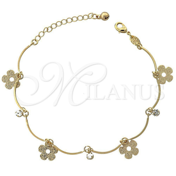 Pulsera de Dije 5.016.005.07 Oro Laminado, Diseño de Flor y Bola, con Blanca Zirconia Cubica, Pulido, Tono Dorado (03 MM Thickness, 10 Inches Length)