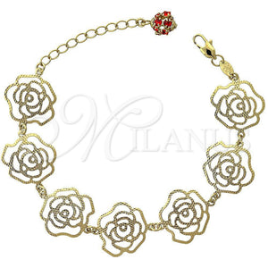 Pulsera de Dije 5.017.009 Oro Laminado, Diseño de Flor, con Granate Cristal, Diamantado, Tono Dorado (12 MM Thickness, 7 Inches Length)