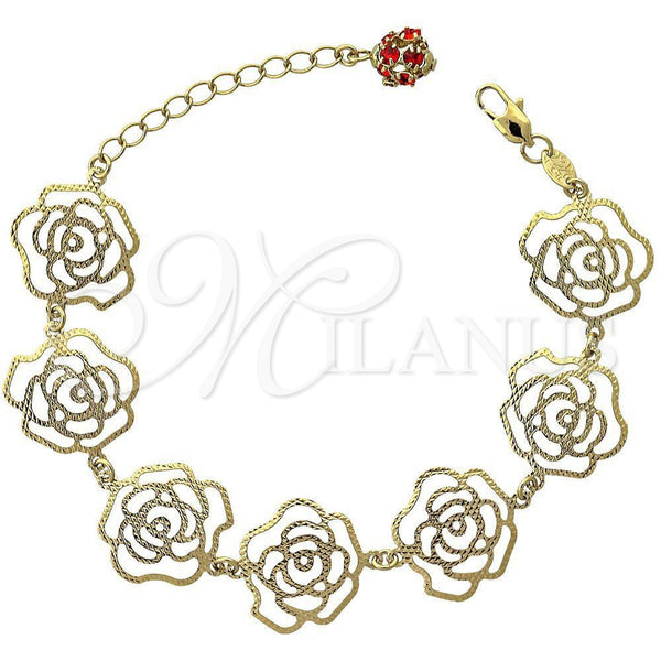 Pulsera de Dije 5.017.009 Oro Laminado, Diseño de Flor, con Granate Cristal, Diamantado, Tono Dorado (12 MM Thickness, 7 Inches Length)