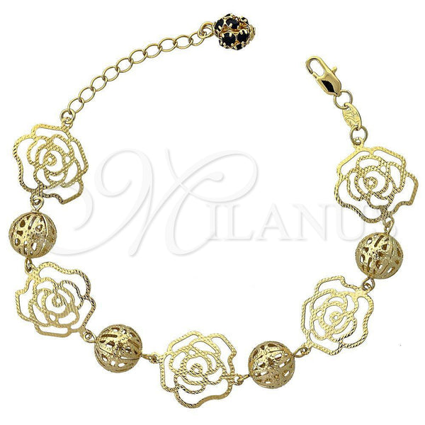 Pulsera de Dije 5.017.005 Oro Laminado, Diseño de Flor, con Negro Zirconia Cubica, Diamantado, Tono Dorado (12 MM Thickness, 7 Inches Length)