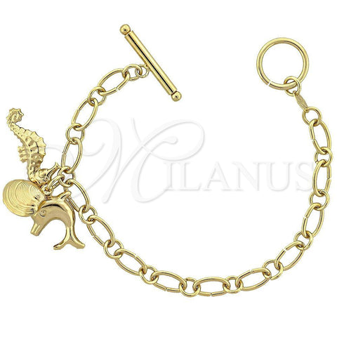 Pulsera de Dije 5.023.005 Oro Laminado, Diseño de Delfín, Diamantado, Tono Dorado (06 MM Thickness, 7 Inches Length)
