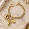 Pulsera de Dije 5.020.004 Oro Laminado, Diseño de Angel y Corazón, Diamantado, Tono Dorado (Grosor 06 MM, 7 Pulgadas de Largo)