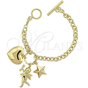 Pulsera de Dije 5.020.004 Oro Laminado, Diseño de Angel y Corazón, Diamantado, Tono Dorado (06 MM Thickness, 7 Inches Length)