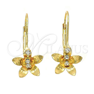Arete Gancho Frances 02.21.0219 Oro Laminado, Diseño de Flor, con Blanca Zirconia Cubica, Pulido, Tono Dorado