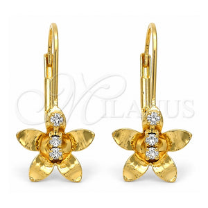 Arete Gancho Frances 02.21.0219 Oro Laminado, Diseño de Flor, con Zirconia Cubica Blanca, Pulido, Tono Dorado