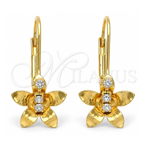 Arete Gancho Frances 02.21.0219 Oro Laminado, Diseño de Flor, con Zirconia Cubica Blanca, Pulido, Tono Dorado