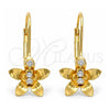 Arete Gancho Frances 02.21.0219 Oro Laminado, Diseño de Flor, con Zirconia Cubica Blanca, Pulido, Tono Dorado