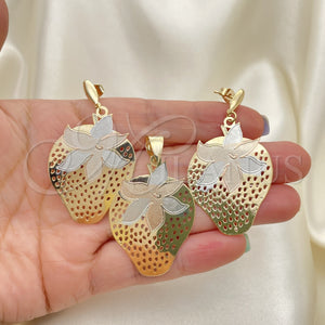 Juego de Arete y Dije de Adulto 5.050.006 Oro Laminado, Diseño de Fresa, Pulido, Tres Tonos