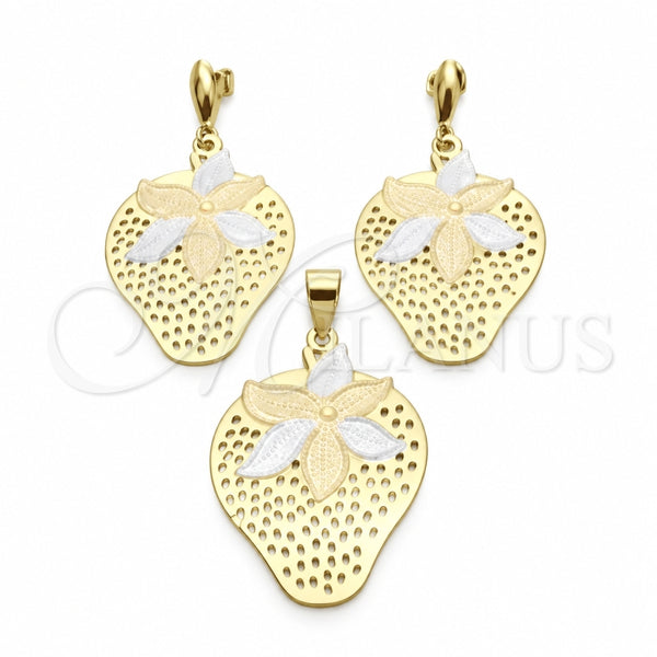 Juego de Arete y Dije de Adulto 5.050.006 Oro Laminado, Diseño de Fresa, Pulido, Tres Tonos