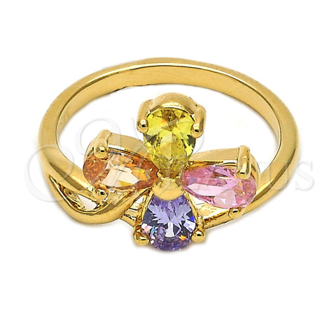 Anillo Multi Piedra 5.172.007.07 Oro Laminado, Diseño de Flor, con Multicolor Zirconia Cubica, Pulido, Tono Dorado (Size 7)