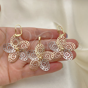 Juego de Arete y Dije de Adulto 5.045.006 Oro Laminado, Diseño de Flor, Pulido, Tres Tonos
