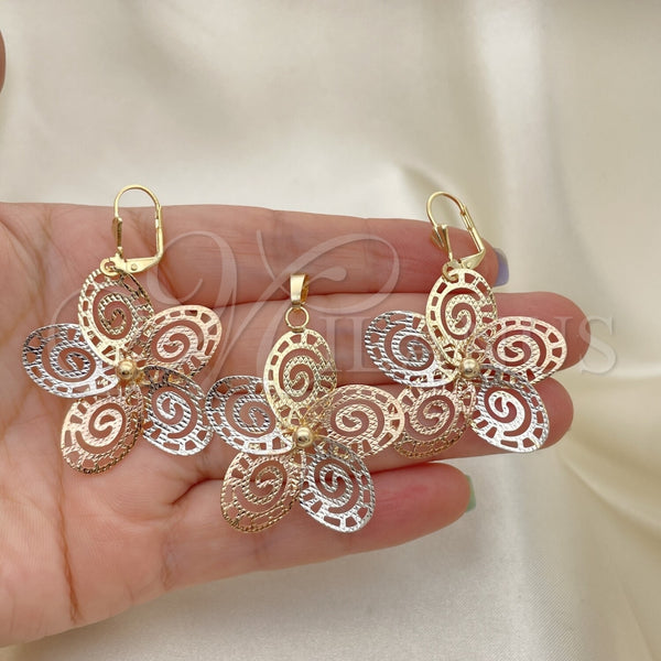 Juego de Arete y Dije de Adulto 5.045.006 Oro Laminado, Diseño de Flor, Pulido, Tres Tonos