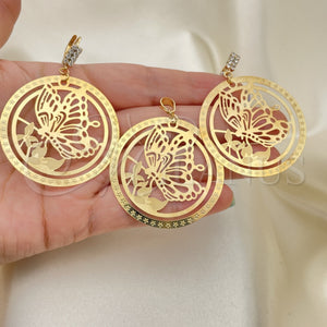 Juego de Arete y Dije de Adulto 10.63.0307 Oro Laminado, Diseño de Mariposa, con Blanca Zirconia Cubica, Pulido, Tono Dorado