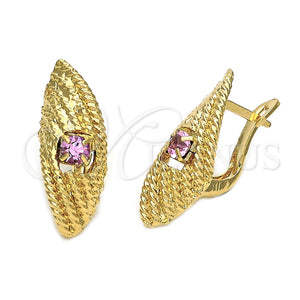 Arete Gancho Frances 5.127.039 Oro Laminado, Diseño de Torcido, con Rosa Zirconia Cubica, Diamantado, Tono Dorado