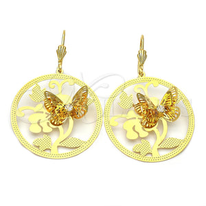 Arete Colgante 5.093.004 Oro Laminado, Diseño de Mariposa y Flor, con Blanca Zirconia Cubica, Diamantado, Tono Dorado