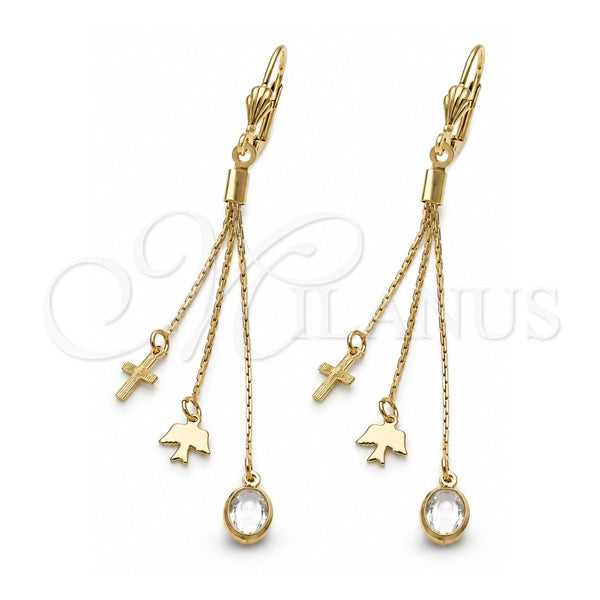 Arete Largo 5.065.008 Oro Laminado, Diseño de Pajaro y Cruz, con Blanca Cristal, Pulido, Tono Dorado