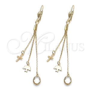 Arete Largo 5.065.008 Oro Laminado, Diseño de Pajaro y Cruz, con Blanca Cristal, Pulido, Tono Dorado