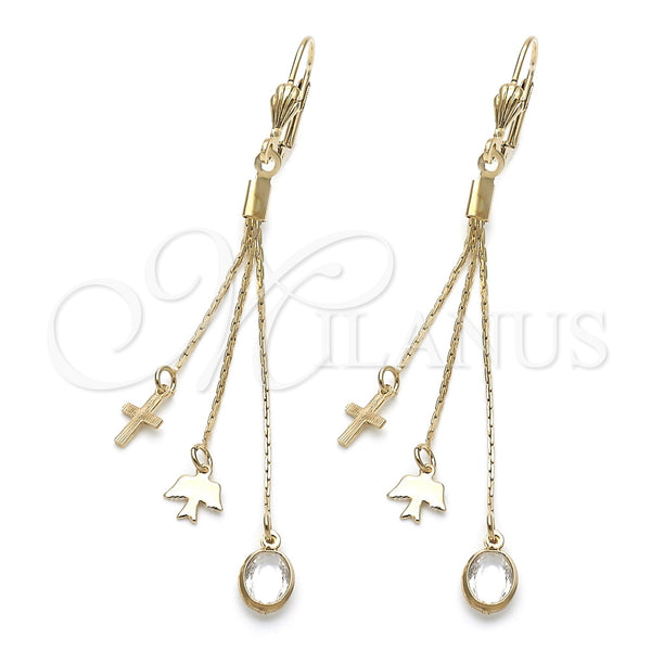 Arete Largo 5.065.008 Oro Laminado, Diseño de Pajaro y Cruz, con Blanca Cristal, Pulido, Tono Dorado