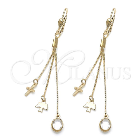Arete Largo 5.065.008 Oro Laminado, Diseño de Pajaro y Cruz, con Blanca Cristal, Pulido, Tono Dorado