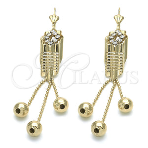 Arete Largo 02.63.1284 Oro Laminado, Diseño de Bola, con Blanca Zirconia Cubica, Pulido, Tono Dorado