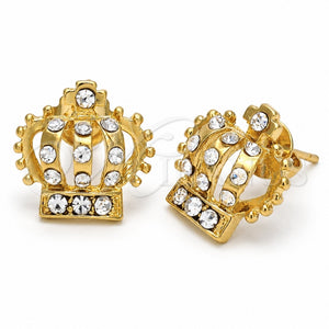 Arete Dormilona 5.127.003 *PROMO* Oro Laminado, Diseño de Corona, con Blanca Cristal, Pulido, Tono Dorado