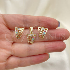Juego de Arete y Dije de Adulto 5.052.019 Oro Laminado, Diseño de Llave Griega, con Blanca Cristal, Pulido, Tono Dorado