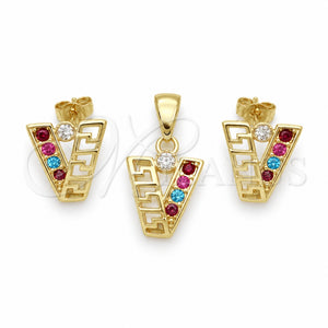 Juego de Arete y Dije de Adulto 5.052.019 Oro Laminado, Diseño de Llave Griega, con Blanca Cristal, Pulido, Tono Dorado