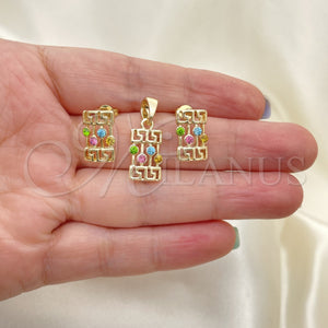 Juego de Arete y Dije de Adulto 5.052.011 Oro Laminado, Diseño de Llave Griega, con Blanca Cristal, Pulido, Tono Dorado