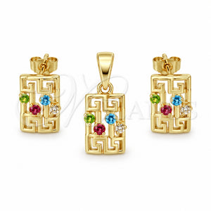 Juego de Arete y Dije de Adulto 5.052.011 Oro Laminado, Diseño de Llave Griega, con Blanca Cristal, Pulido, Tono Dorado