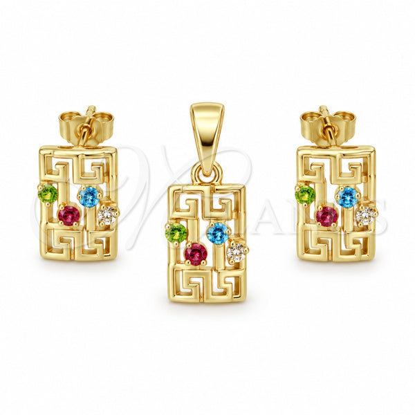 Juego de Arete y Dije de Adulto 5.052.011 Oro Laminado, Diseño de Llave Griega, con Blanca Cristal, Pulido, Tono Dorado