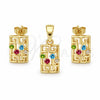 Juego de Arete y Dije de Adulto 5.052.011 Oro Laminado, Diseño de Llave Griega, con Blanca Cristal, Pulido, Tono Dorado