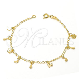 Pulsera de Dije 03.09.0003.07 Oro Laminado, Diseño de Flor y Luna, Pulido, Tono Dorado (7 Inches Length)