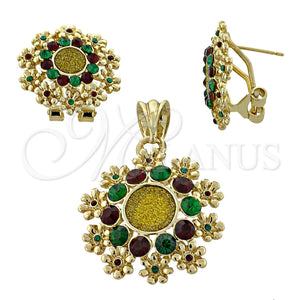 Juego de Arete y Dije de Adulto 10.91.0107 Oro Laminado, Diseño de Flor, con Esmeralda and Granate Cristal, Pulido, Dos Tonos