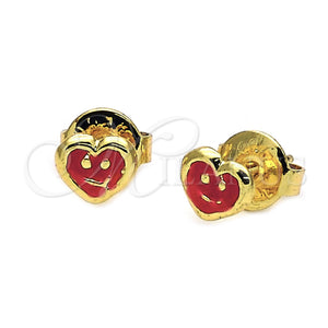 Arete Dormilona 5.126.094 *PROMO* Oro Laminado, Diseño de Corazón y Carita Feliz, Esmaltado Rojo, Tono Dorado