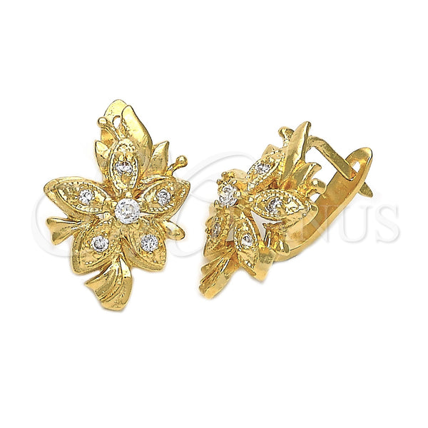 Arete Gancho Frances 02.21.0247 Oro Laminado, Diseño de Flor, con Chanpan Oscuro Zirconia Cubica, Pulido, Tono Dorado