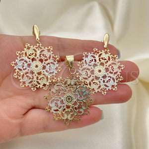 Juego de Arete y Dije de Adulto 5.050.002 Oro Laminado, Diseño de Flor, Pulido, Tres Tonos