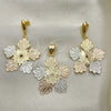 Juego de Arete y Dije de Adulto 5.048.007 Oro Laminado, Diseño de Flor, Pulido, Tres Tonos