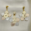 Juego de Arete y Dije de Adulto 5.048.007 Oro Laminado, Diseño de Flor, Pulido, Tres Tonos