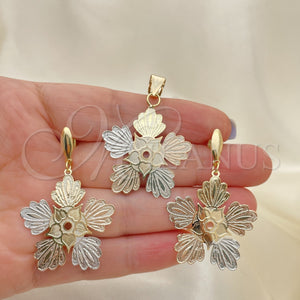 Juego de Arete y Dije de Adulto 5.048.007 Oro Laminado, Diseño de Flor, Pulido, Tres Tonos