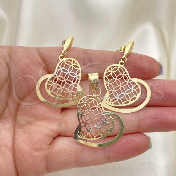 Juego de Arete y Dije de Adulto 5.042.006 Oro Laminado, Diseño de Corazón, Pulido, Tres Tonos