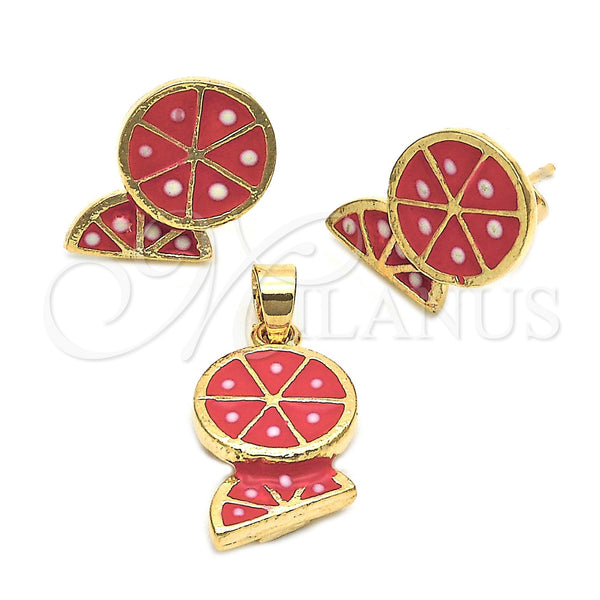 Juego de Arete y Dije de Nino 10.38.0060 Oro Laminado, Diseño de Sandia, Esmaltado, Tono Dorado