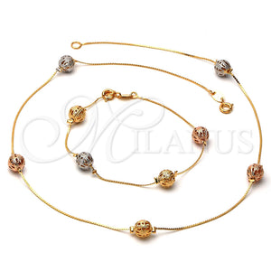 Collar y Pulsera 5.010.001 Oro Laminado, Diseño de Bola, Pulido, Tres Tonos