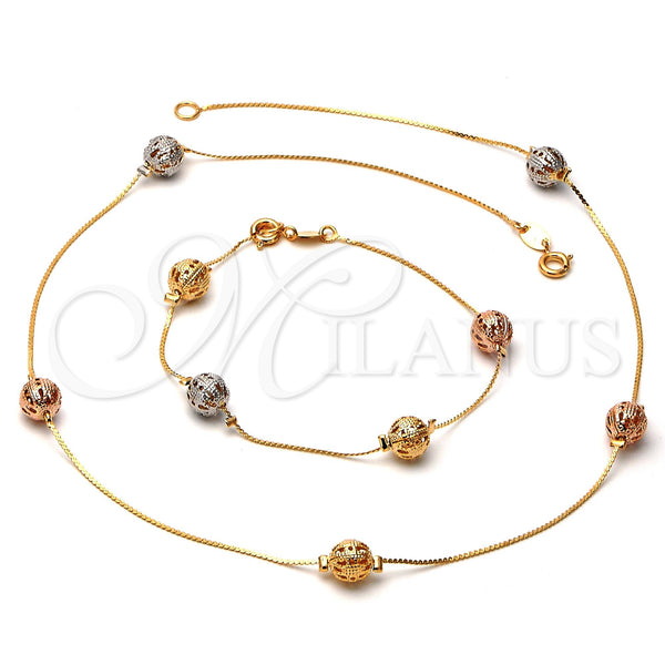 Collar y Pulsera 5.010.001 Oro Laminado, Diseño de Bola, Pulido, Tres Tonos