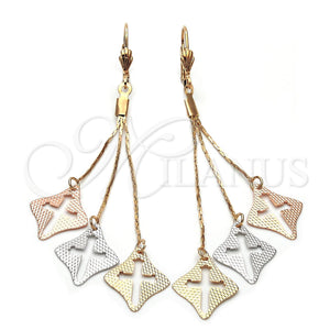 Arete Largo 5.106.007 Oro Laminado, Diseño de Cruz, Diamantado, Tres Tonos