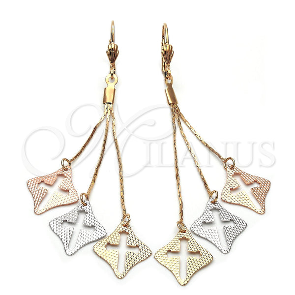 Arete Largo 5.106.007 Oro Laminado, Diseño de Cruz, Diamantado, Tres Tonos