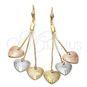 Arete Largo 5.083.010 Oro Laminado, Diseño de Corazón, Diamantado, Tres Tonos