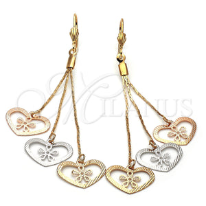 Arete Largo 5.112.002 Oro Laminado, Diseño de Corazón, Diamantado, Tres Tonos