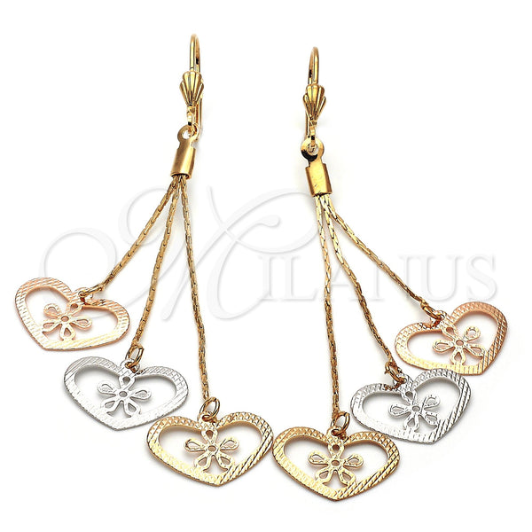 Arete Largo 5.112.002 Oro Laminado, Diseño de Corazón, Diamantado, Tres Tonos
