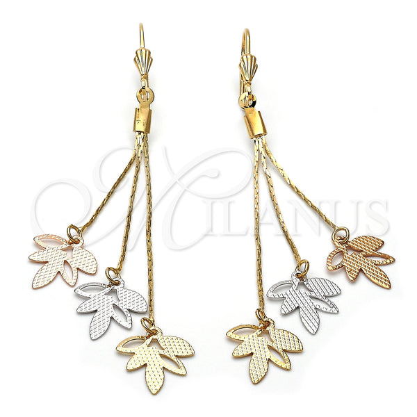 Arete Largo 5.079.006 Oro Laminado, Diseño de Oja, Diamantado, Tres Tonos